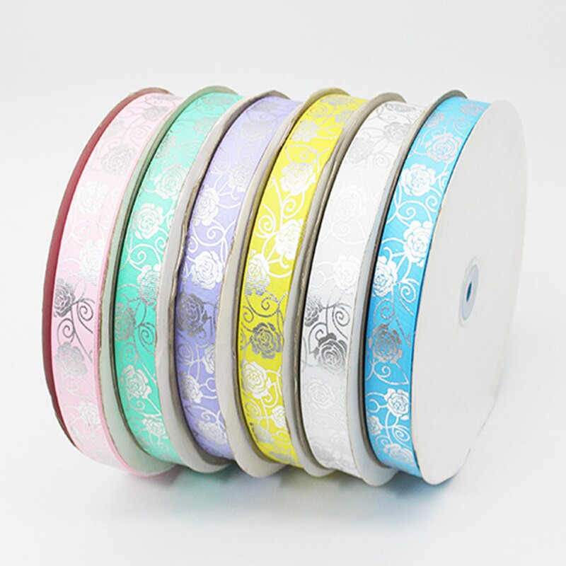 HL 5 jardi 25 mm kuum hõbedane Grosgrain riba roosi trükkimine DIY käsitsi valmistatud kinkekarp Juukseaksessuaarid materjal pakkimisrihm