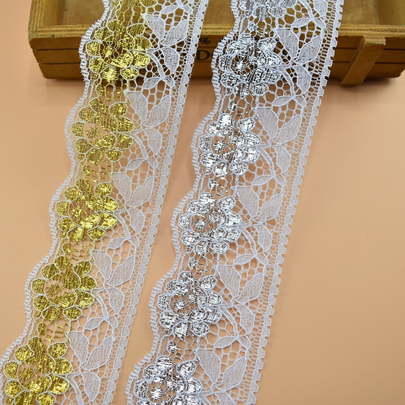 5 metri, auriu, argintiu, bandă de dantelă, 64 mm lățime, accesorii pentru bijuterii, îmbrăcăminte, dantelă albă, țesătură, decorare pentru cusut