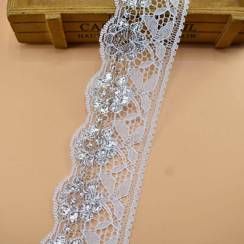 5 metri, auriu, argintiu, bandă de dantelă, 64 mm lățime, accesorii pentru bijuterii, îmbrăcăminte, dantelă albă, țesătură, decorare pentru cusut