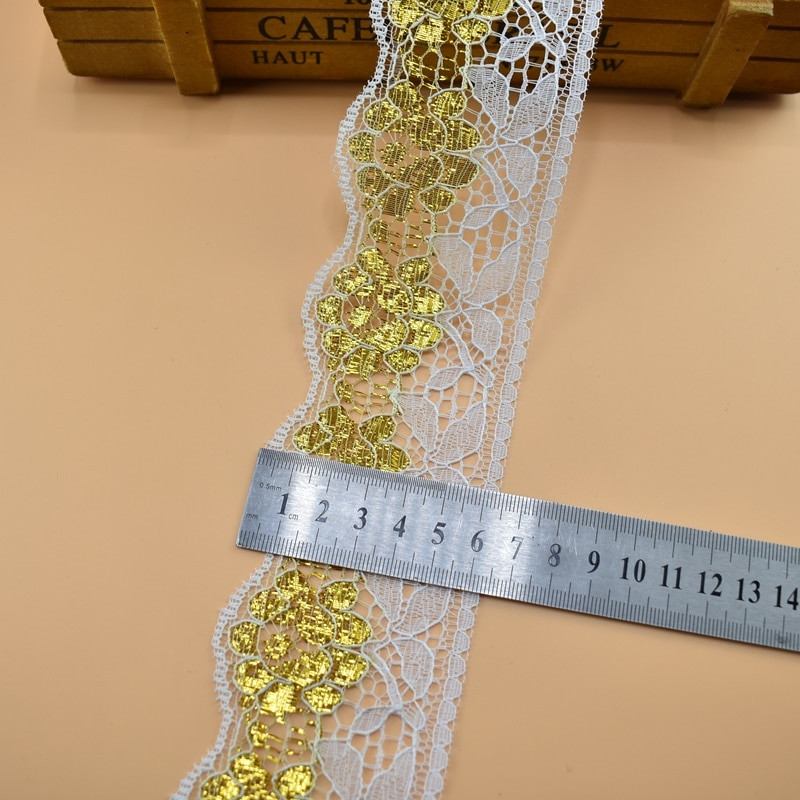 5 metri, auriu, argintiu, bandă de dantelă, 64 mm lățime, accesorii pentru bijuterii, îmbrăcăminte, dantelă albă, țesătură, decorare pentru cusut