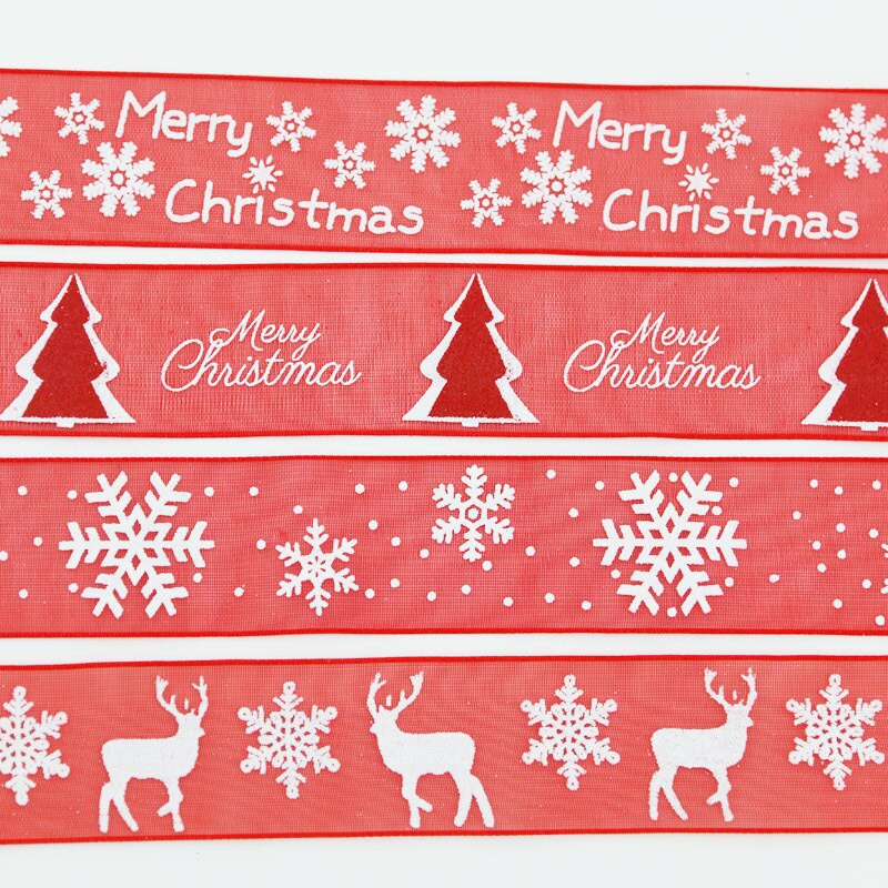 (10 μέτρα/ρολό) 25mm Πλάτος Κόκκινη Οργάντζα Χριστουγεννιάτικη Εκτύπωση Snowflake Elk Κορδέλα Συσκευασία δώρου Χειροποίητες DIY Διακοσμητικές Κορδέλες