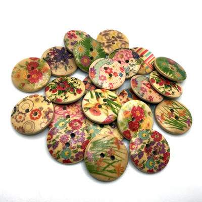 50PCS/Lot 18mm Mješoviti cvjetni uzorak 2 rupe Okrugli drveni gumbi za šivanje odjeće Scrapbooking Rukotvorine Home Decor SC063
