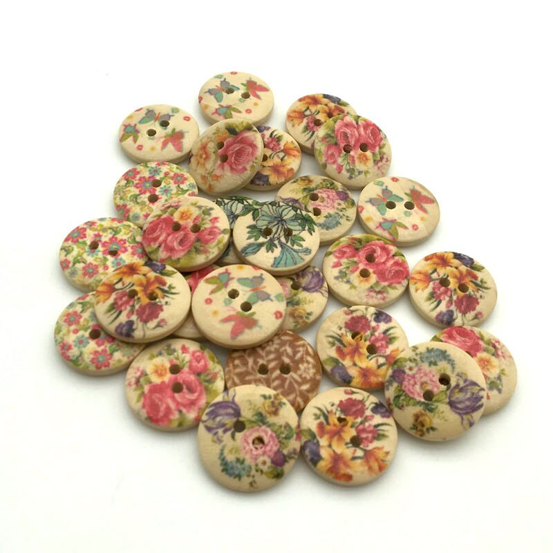 50PCS/Lot 18mm Mješoviti cvjetni uzorak 2 rupe Okrugli drveni gumbi za šivanje odjeće Scrapbooking Rukotvorine Home Decor SC063