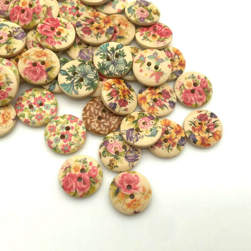 50PCS/Lot 18mm Mješoviti cvjetni uzorak 2 rupe Okrugli drveni gumbi za šivanje odjeće Scrapbooking Rukotvorine Home Decor SC063