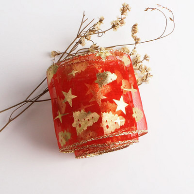 10 jardi/rola 63 mm svjetlucave božićne vrpce od organze, otisnute zvjezdice, pahuljice, za zamatanje poklona za božićno drvce