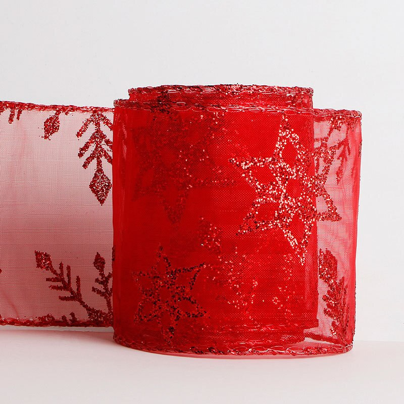 Κορδέλες 10 Yards/Roll 63mm Glitter Χριστουγεννιάτικη Οργάντζα Κορδέλες με στάμπα με νιφάδες χιονιού για συσκευασία δώρου διακόσμησης χριστουγεννιάτικου δέντρου