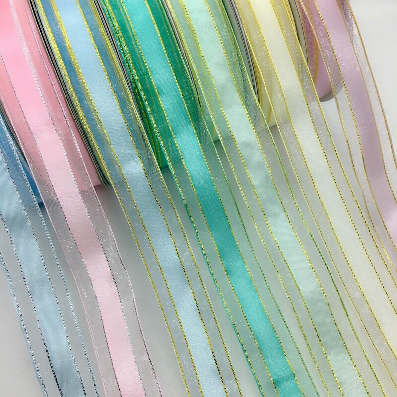 Kuldne hõbedane Lurex organza satiinlint 2,2 cm 10Y kingituseks lilledega pakkimiseks Käsitööna valmistatud vibud, pidulikud pulmad, jõulud