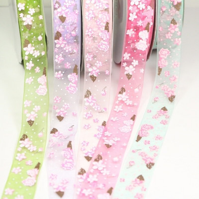 Πλάτος 25mm Craft Fabric Tape Flower Printed Organza Κορδέλα για DIY Headwear Γαμήλιο πάρτι Διακόσμηση εορταστικών εκδηλώσεων Συσκευασία δώρου