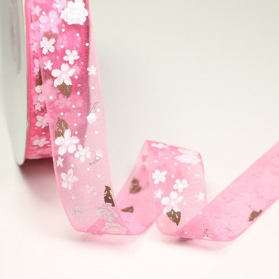 Πλάτος 25mm Craft Fabric Tape Flower Printed Organza Κορδέλα για DIY Headwear Γαμήλιο πάρτι Διακόσμηση εορταστικών εκδηλώσεων Συσκευασία δώρου