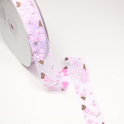 Πλάτος 25mm Craft Fabric Tape Flower Printed Organza Κορδέλα για DIY Headwear Γαμήλιο πάρτι Διακόσμηση εορταστικών εκδηλώσεων Συσκευασία δώρου