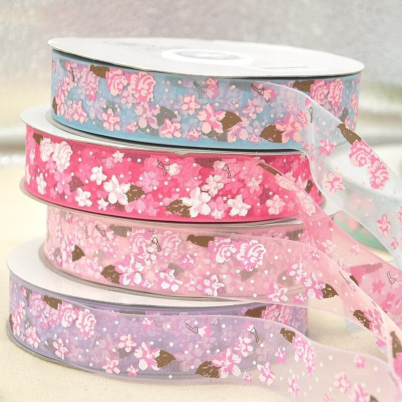 Πλάτος 25mm Craft Fabric Tape Flower Printed Organza Κορδέλα για DIY Headwear Γαμήλιο πάρτι Διακόσμηση εορταστικών εκδηλώσεων Συσκευασία δώρου