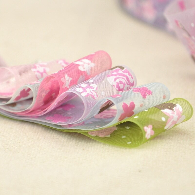 Πλάτος 25mm Craft Fabric Tape Flower Printed Organza Κορδέλα για DIY Headwear Γαμήλιο πάρτι Διακόσμηση εορταστικών εκδηλώσεων Συσκευασία δώρου