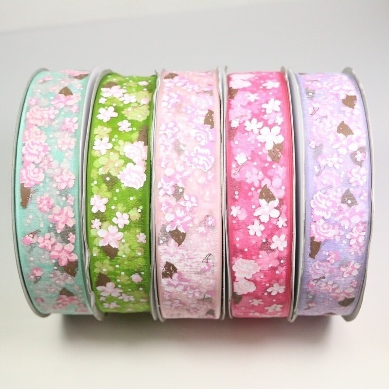 Πλάτος 25mm Craft Fabric Tape Flower Printed Organza Κορδέλα για DIY Headwear Γαμήλιο πάρτι Διακόσμηση εορταστικών εκδηλώσεων Συσκευασία δώρου