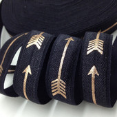 Folie cu săgeți din aur roz negru de 5 yarzi 5/8 pliate peste elastic, elastic pentru talie, accesorii pentru păr lucrate manual DIY, bandă elastică de cusut