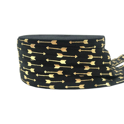 Folie cu săgeți din aur roz negru de 5 yarzi 5/8 pliate peste elastic, elastic pentru talie, accesorii pentru păr lucrate manual DIY, bandă elastică de cusut