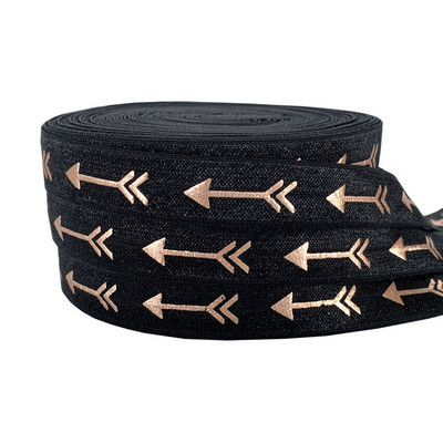 Folie cu săgeți din aur roz negru de 5 yarzi 5/8 pliate peste elastic, elastic pentru talie, accesorii pentru păr lucrate manual DIY, bandă elastică de cusut