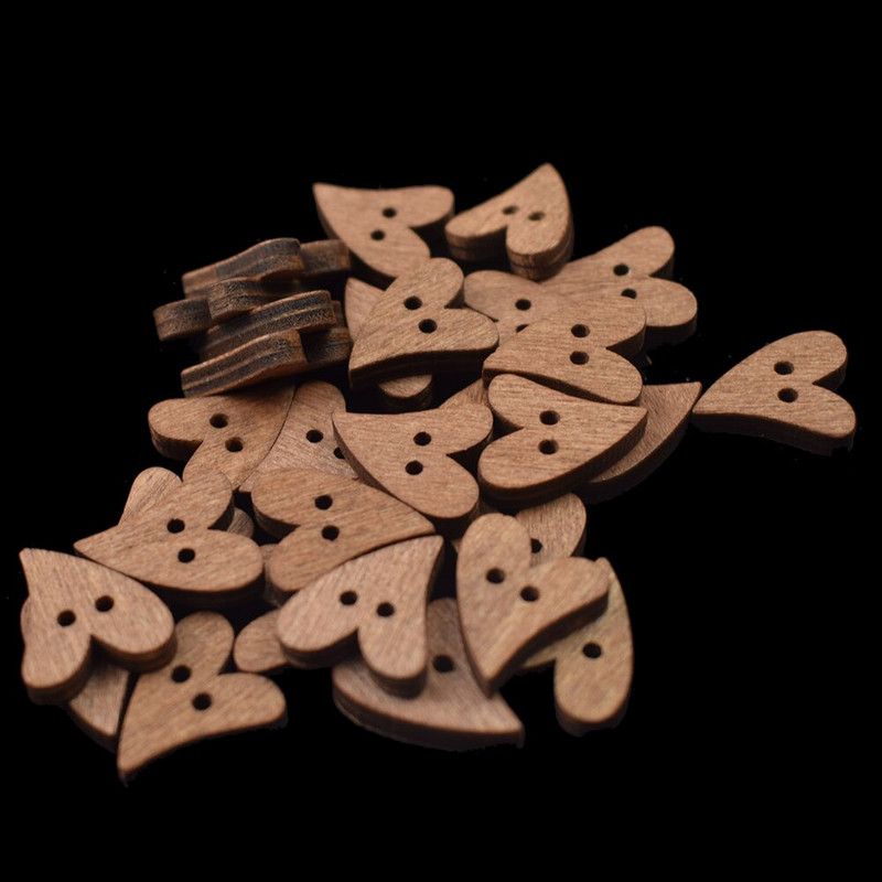 100 KOM 20 MM Drveni gumbi za šivanje u obliku srca Scrapbooking DIY smeđe drveno dugme s 2 rupe za rukotvorine, dodaci za spomenare