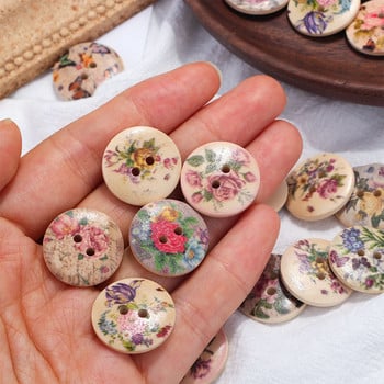50 бр./опаковка 20 мм ретро кръгло дърво, смесени копчета с две дупки, копчета с отпечатани цветя, шиене на копчета Направи си сам занаятчийски декор