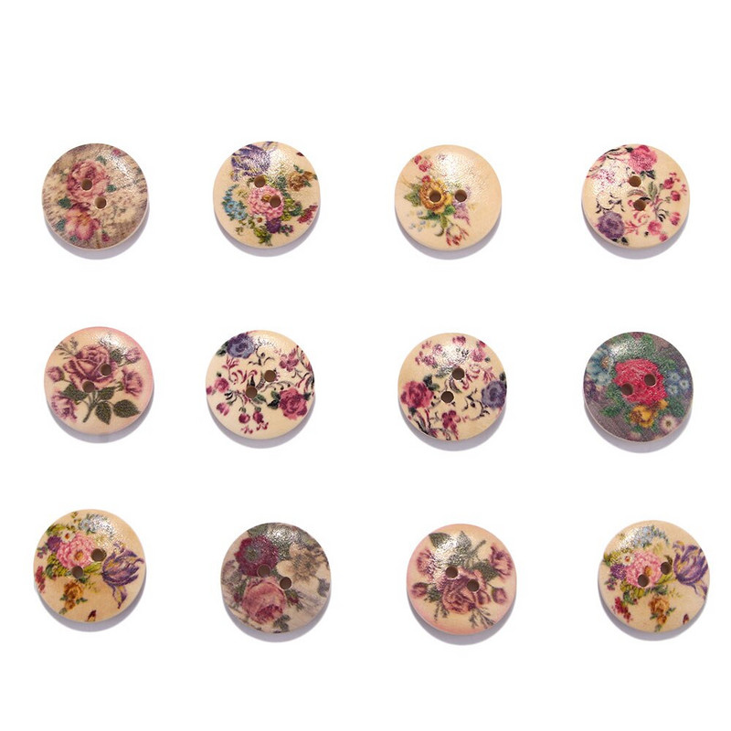 50 τεμ./συσκευασία 20mm ρετρό στρογγυλό ξύλο ανάμεικτα κουμπιά με δύο τρύπες με λουλούδι με μοτίβο κουμπί ράψιμο DIY Craft Decor