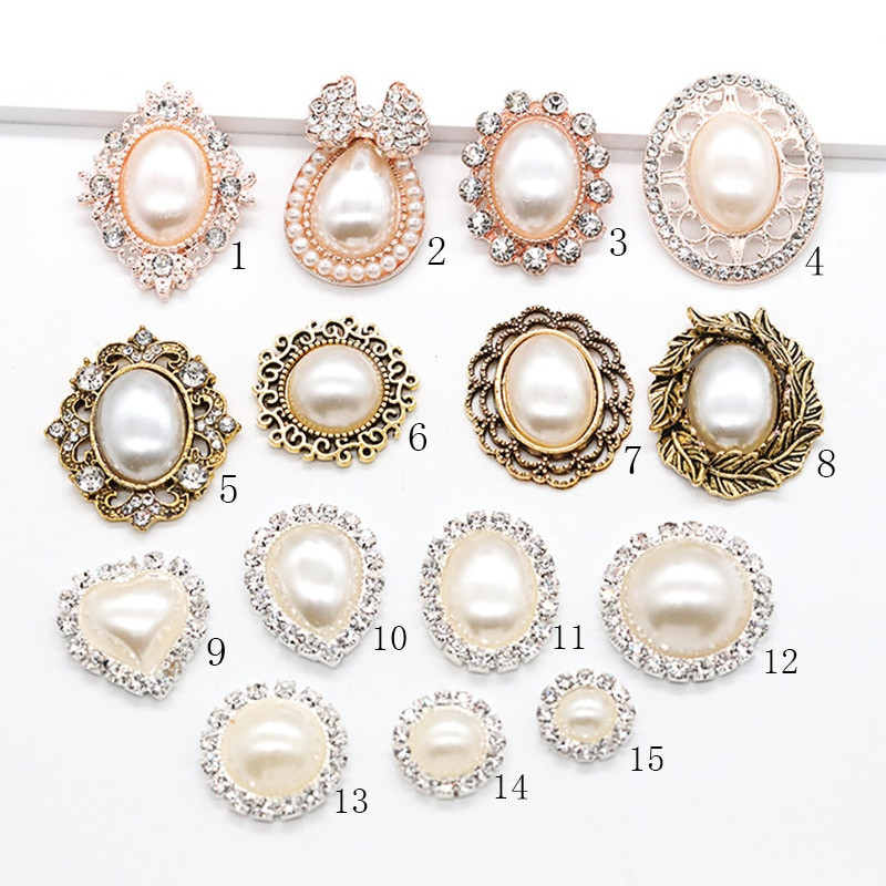 LKERAN 10pc metalni gumbi serije bisera slonovače ravnih leđa Crystal Pearl Decorative Button DIY ručno izrađeni Cvjetni centar Dodaci