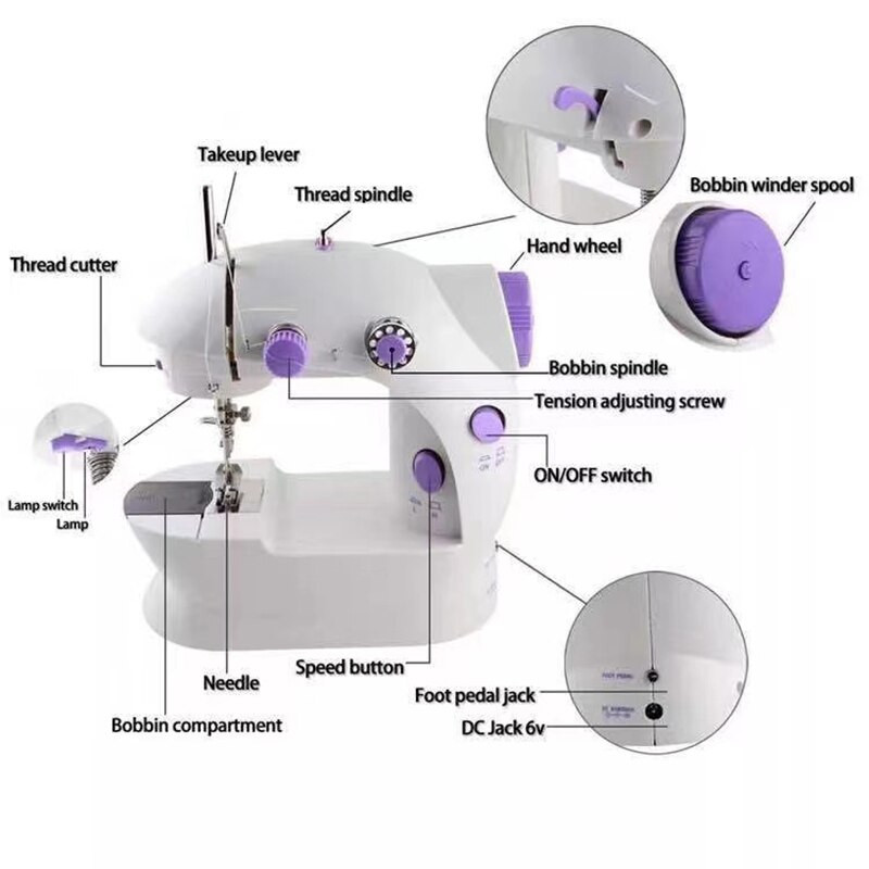 Šivaći stroj Mini prijenosno noćno svjetlo za kućanstvo Nožna pedala Ravna linija Ručni stol Komplet s dva konca Električna kućanska roba