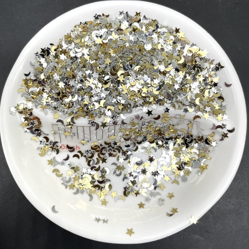 20g Gold Star n Moon PVC lahtised litrid Glitter Paillettes küünte kunsti maniküüriks, pulmakonfettiks, kaunistusteks tarvikud, täiteaine