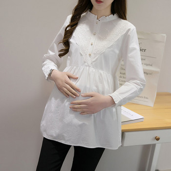 Μοντέρνο φθινοπωρινό πουκάμισο εγκυμοσύνης με κέντημα και κουμπιά