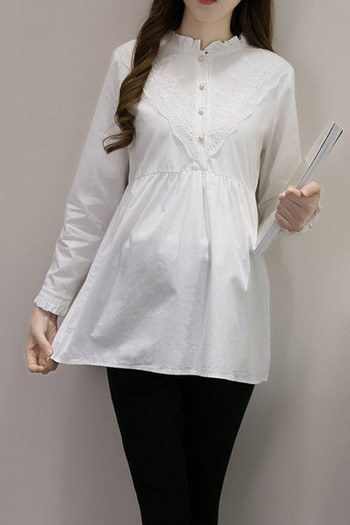 Μοντέρνο φθινοπωρινό πουκάμισο εγκυμοσύνης με κέντημα και κουμπιά