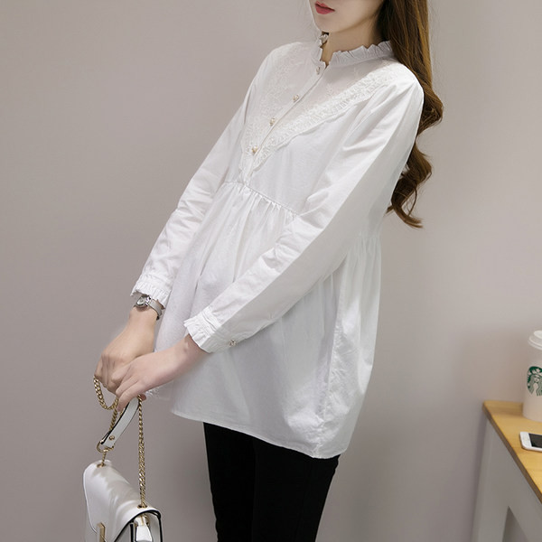 Μοντέρνο φθινοπωρινό πουκάμισο εγκυμοσύνης με κέντημα και κουμπιά