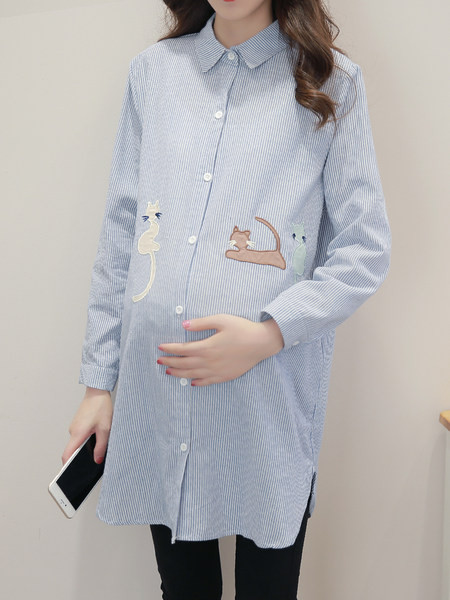 Naiste klassikaline kaelusega triibuline rasedate särk