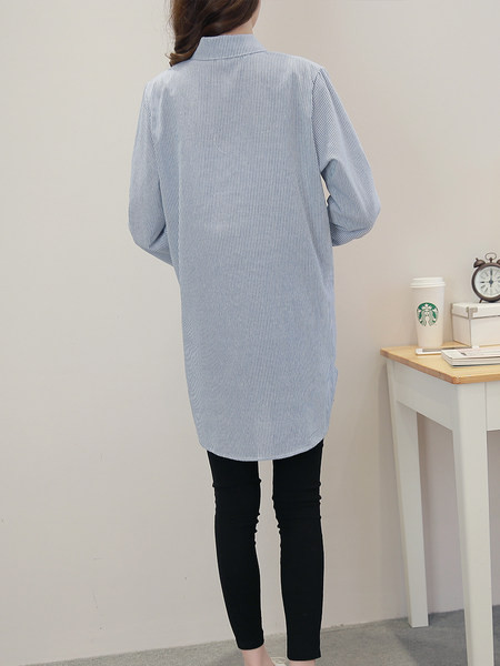 Naiste klassikaline kaelusega triibuline rasedate särk