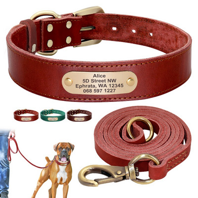 Custom Leather Dog Collar Leash Set Personalized Pet Collar Leash Free Engraved Nameplate For Small Medium Large Dogs