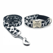Model personalizat de vacă Guler pentru animale de companie Etichetă de identificare personalizată pentru cățel Accesoriu reglabil pentru pisică Negru Alb Set de lesă pentru zgarda de bază pentru câini