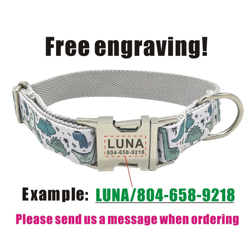 Guler personalizat pentru animale de companie de dinozaur Etichetă de identificare personalizată cu nume de cățeluș, zgarda de bază pentru câini cu desene animate, cu gravură gratuită