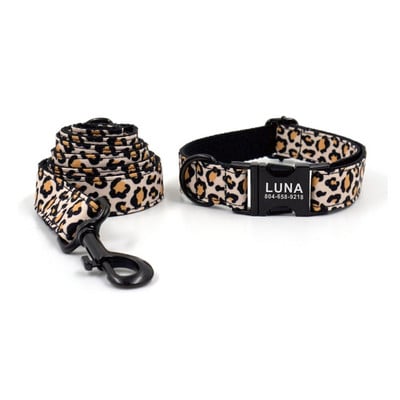 Zgarda personalizată pentru câini Plăcuță de identificare personalizată pentru cățeluș Etichetă de identificare Cataramă neagră reglabilă cu imprimeu leopard Zgarda de bază pentru animale de companie Set lesă de plumb