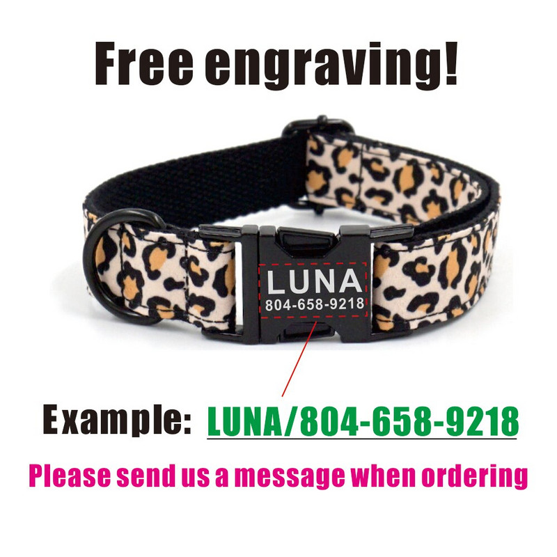 Personalizirana ogrlica za pse Prilagođena pločica s imenom štenca ID oznaka Podesiva crna kopča Leopard print Osnovni ogrlice za kućne ljubimce Povodac Set uzica
