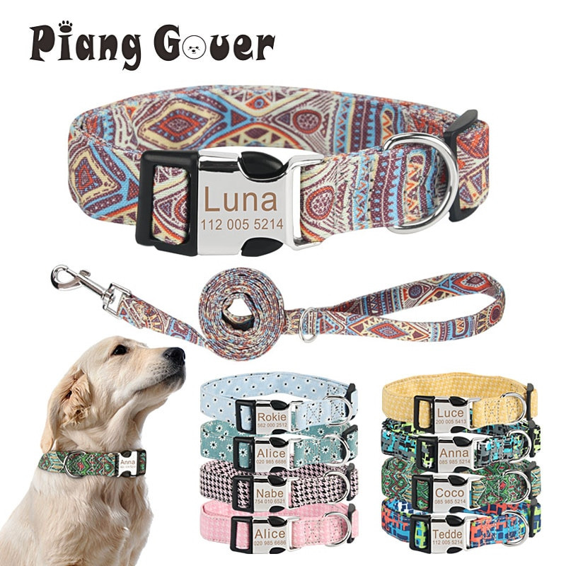 Guler de câine gravat Boemia, lesă personalizată pentru cățeluș, pisică, placă de identificare personalizată, set de lesă pentru zgarda pentru animale de companie
