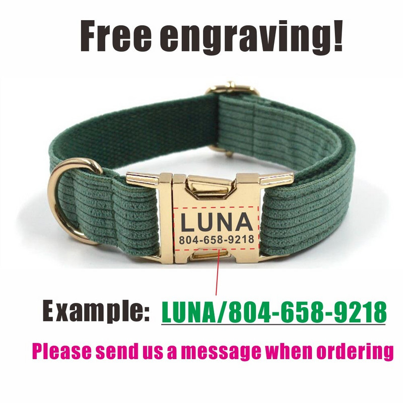 Personalizirana ogrlica za pse Prilagođena ogrlica za kućne ljubimce Besplatno graviranje identifikacijske oznake s imenom Dodatak za kućne ljubimce Tamnozelena debela vlakna Ogrlica za štene Set uzica