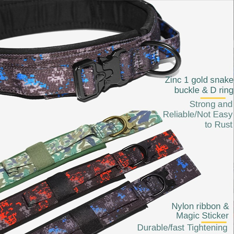 Karinis šunų antkaklio ir pavadėlio rinkinys naminių gyvūnėlių dresūrai kamufliažas, mada, taktiniai dideli šunų antkakliai, vidutinio dydžio šunų patvarūs priedai