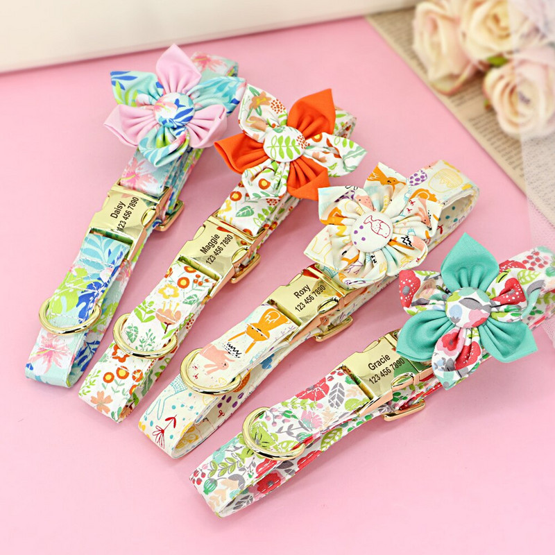 Εξατομικευμένο σετ λουριών σκύλου με λουρί για σκύλους εμπριμέ νάιλον προσαρμοσμένα περιλαίμια σκύλου δωρεάν χαραγμένο με λουλουδάτο για μεσαίου μεγέθους σκύλους