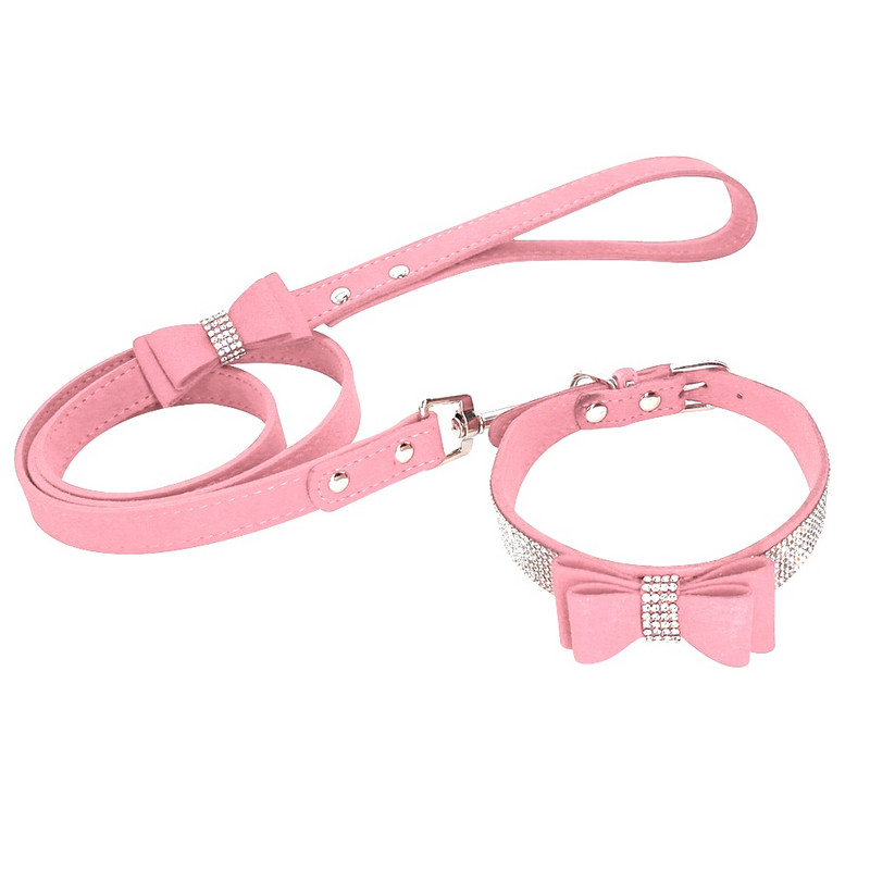Rhinestone Bling Δερμάτινο γιακά σκύλου και Σετ λουριών Κρυστάλλινα διαμάντια με καρφιά, χαριτωμένο παπιγιόν κουτάβι μικρό κολάρο για σκύλους Puppy λουρί