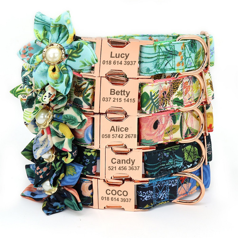 Zgarda de identificare pentru câini gravată personalizat Lesă de nailon pentru animale de companie Gulerele personalizate de flori pentru câini cu floare drăguță pentru câini mici, mijlocii mari