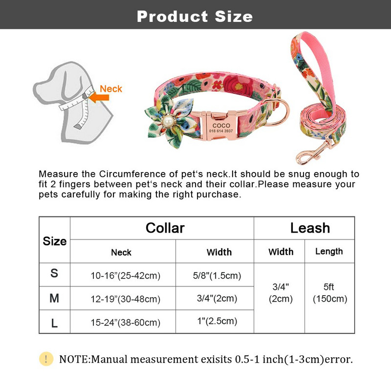 Zgarda de identificare pentru câini gravată personalizat Lesă de nailon pentru animale de companie Gulerele personalizate de flori pentru câini cu floare drăguță pentru câini mici, mijlocii mari