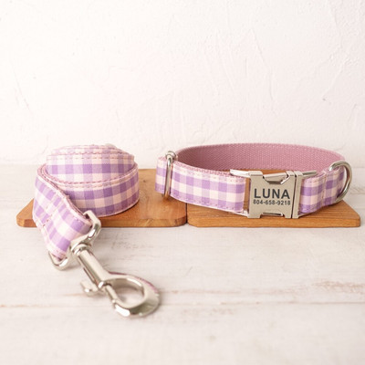 Personalizēta suņu kakla siksna Pielāgota mājdzīvnieka kakla siksna bez iegravēšanas ID vārda birka Mājdzīvnieka aksesuārs Pnik Purple Plaid kucēnu kaklasiksnas pavadas komplekts