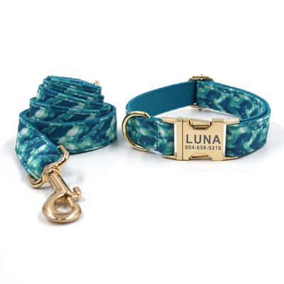 Guler personalizat pentru câini Guler personalizat pentru animale de companie Etichetă cu nume de identificare cu gravură gratuită Accesoriu pentru animale de companie Green Ocean Wave Set de lesă pentru guler pentru cățeluș