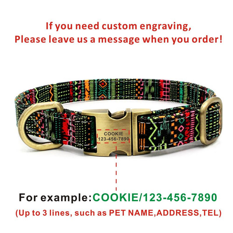 Guler pentru câini, personalizat, personalizat, boemia, etichetă de identificare cu nume de pânză. Gulerele de bază reglabile.