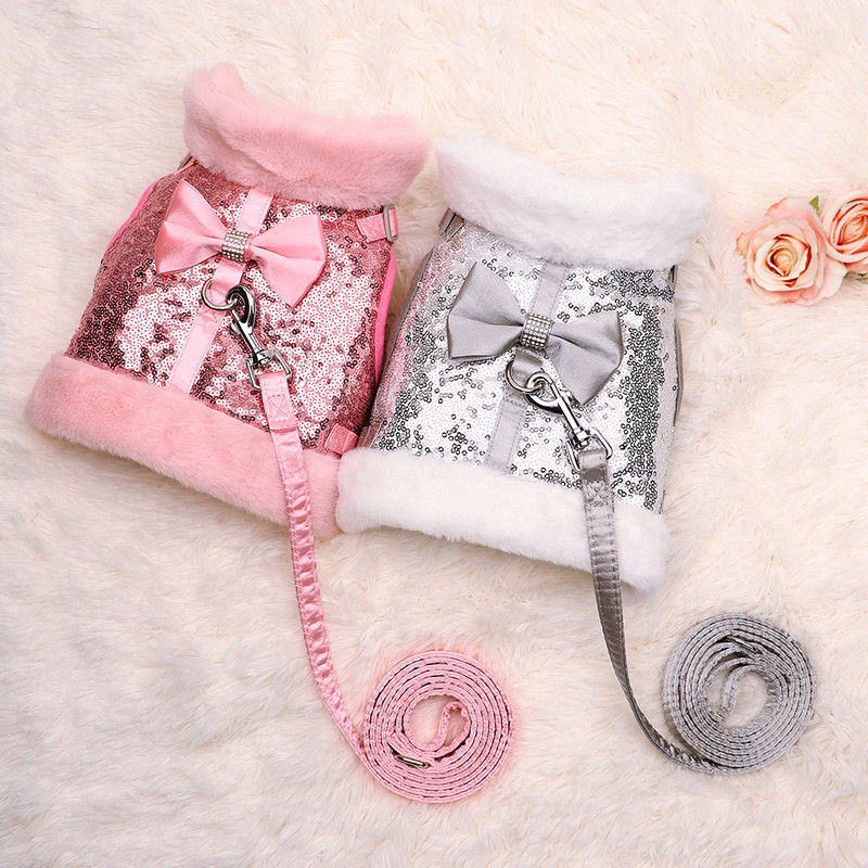 Soojad karusnahad koerarakmed Bling Sequines Koerad Vestirakmed Väikestele Keskmistele Koertele Kassidele Talvised Lemmikloomavestid Armsa Roosa kikilipsuga riided
