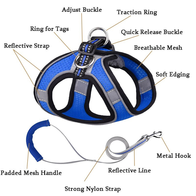 Дишаща мрежеста сбруя за кученце Мека подплатена каишка за кучета Малки кучета Котки сбруя Жилетка Френски булдог Мопс Гърди ремъци Аксесоари за кучета