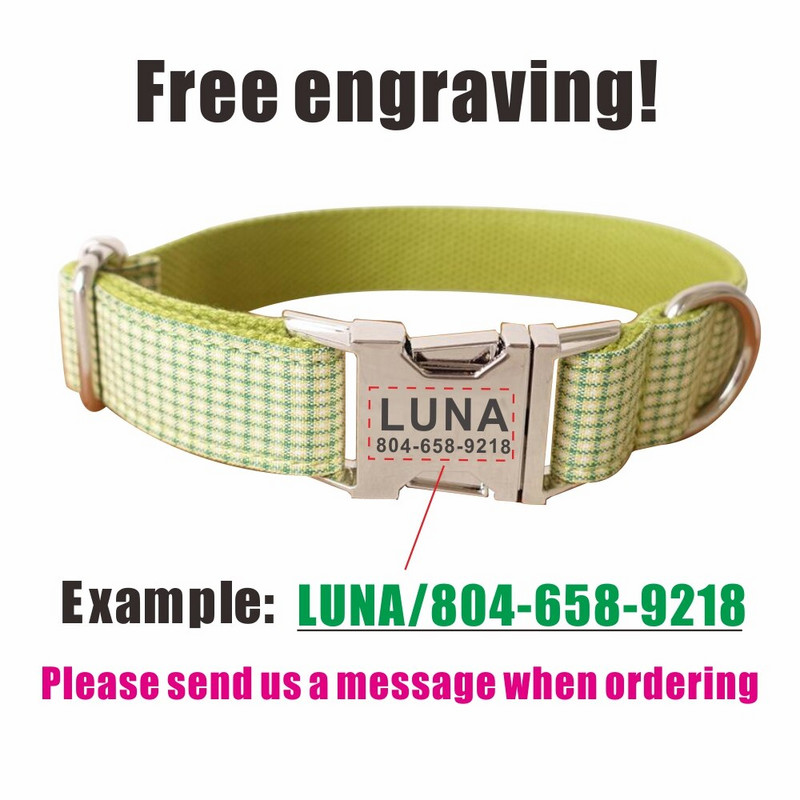 Personalizirana ogrlica za pse Prilagođena ogrlica za kućne ljubimce Besplatno graviranje identifikacijske oznake s imenom Dodatak za kućnog ljubimca Zeleno bijela karirana ogrlica za štene Povodac Set