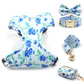 Koerarakmete ja jalutusrihma komplekt Võrgusilmaga polsterdatud pehmed lemmikloomarakmed väikestele koertele Mustika mustriga luksuslikud kohandatud nimega koera kaelarihm, reguleeritav